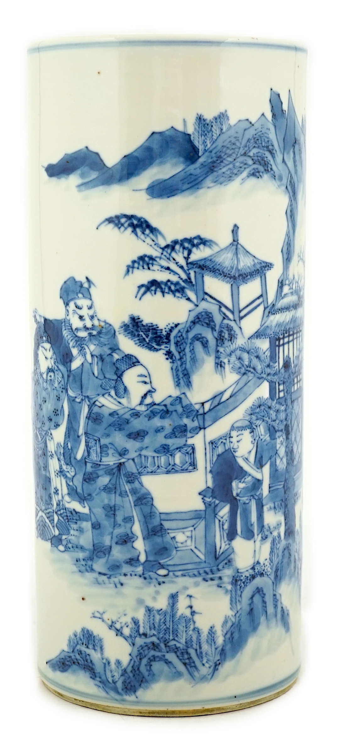 A Chinese blue and white ‘sages’ cylindrical brushpot, 19th century